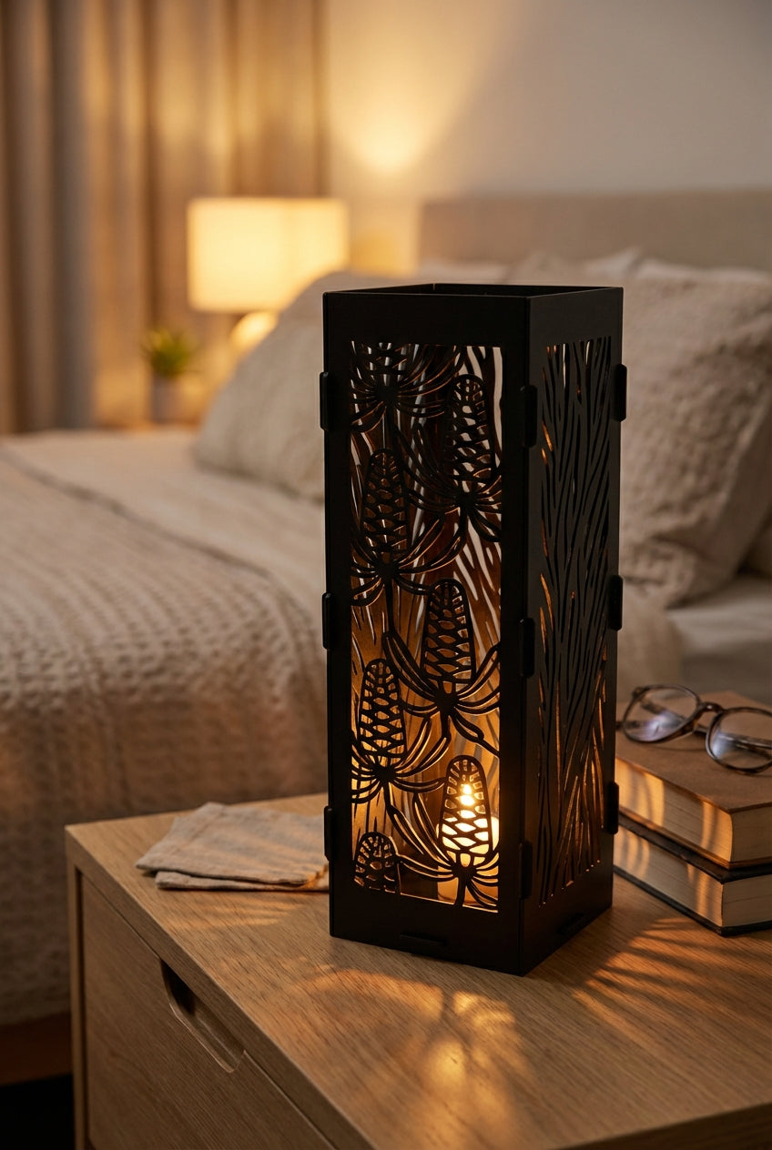 The Ember Tower Candle Lantern - Powdercoated Black with lit tealight, lifestyle