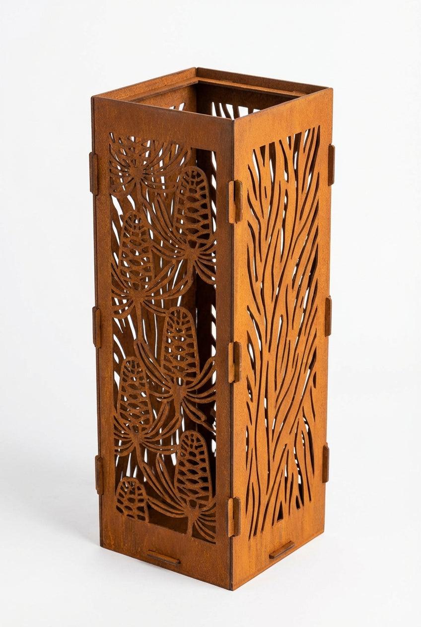 The Ember Tower Candle Lantern - Weathering Steel, white background