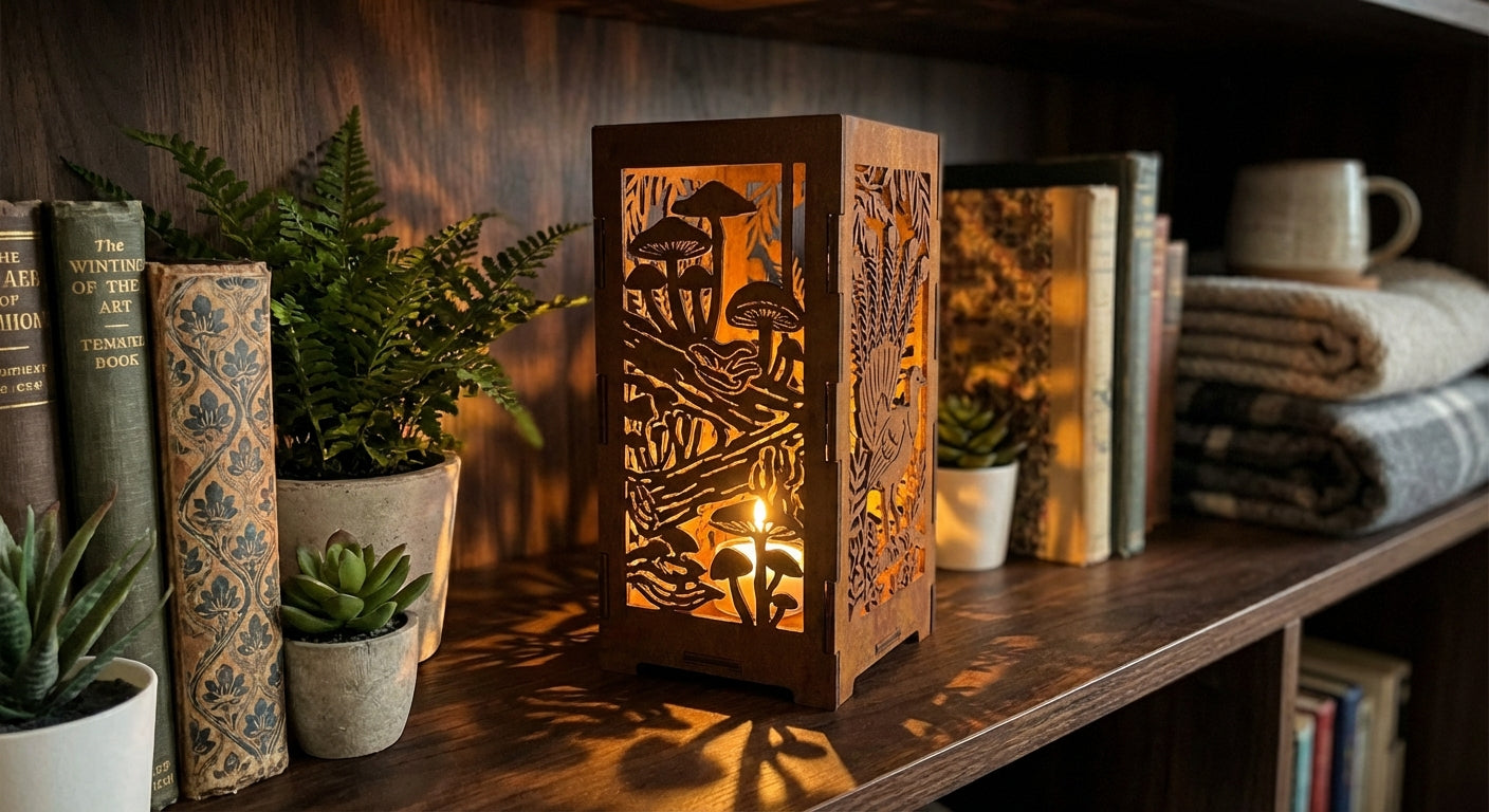 'The Bushwalk' Candle Lantern - Weathering Steel with lit tealight, lifestyle