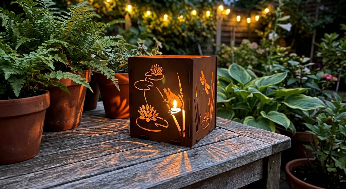 'The Billabong' Candle Lantern - Weathering Steel with lit tealight, lifestyle