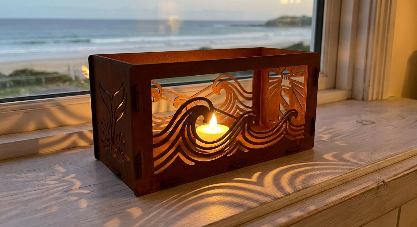 'The Tidal' Candle Lantern - Weathering Steel with lit tealight, lifestyle